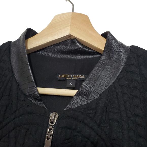 Alberto Makali | Wool Blend Mixed Media Faux Leather Trim Full Zip Bomber Jacket - Picture 3 of 12